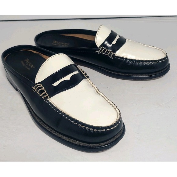 GH Bass Weejuns Women Leather Wynn Mule Penny Loafer Black White Sz 6M